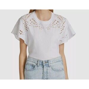 $198 7 For All Mankind Women's White Round Neck Eyelet Blouse Top Size M